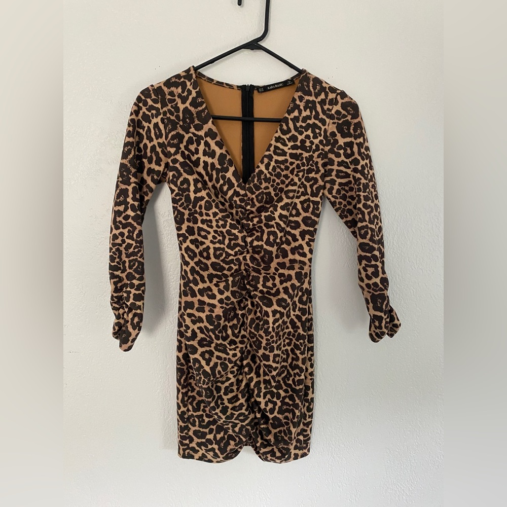 Leopard Print Long-sleeved Ruched Mini Dress